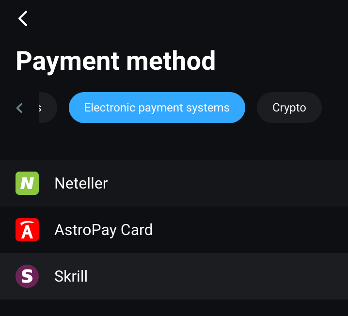 Como depositar dinheiro na Olymptrade através de sistemas de pagamento eletrônico (cartão AstroPay, Perfect Money, Neteller, Skrill)