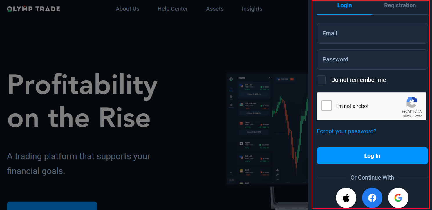 Como registrar e fazer login na conta no Olymptrade